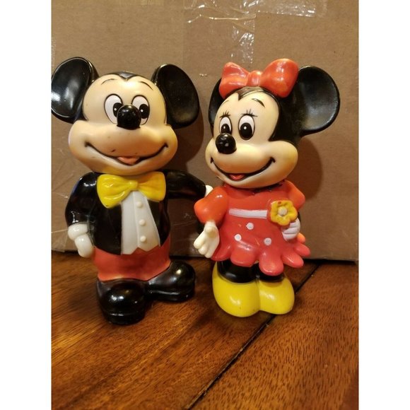 WDP Mickey And Minnie Piggy Banks Hard Plastic PVC Movable Arms Vintage - Picture 1 of 5